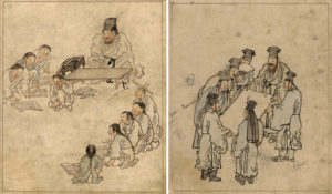 In Village School and Admiring a Painting, Kim Hongdo used a circular composition to create a sense of vitality. Left: "A village school" from Kim Hongdo, album of genre paintings, 18th century, Joseon Dynasty, 39.7 × 26.7 cm, Treasure 527 (National Museum of Korea); right: "Appreciating a painting" from Kim Hongdo, album of genre paintings, 18th century, Joseon Dynasty, 39.7 × 26.7 cm, Treasure 527 (National Museum of Korea)