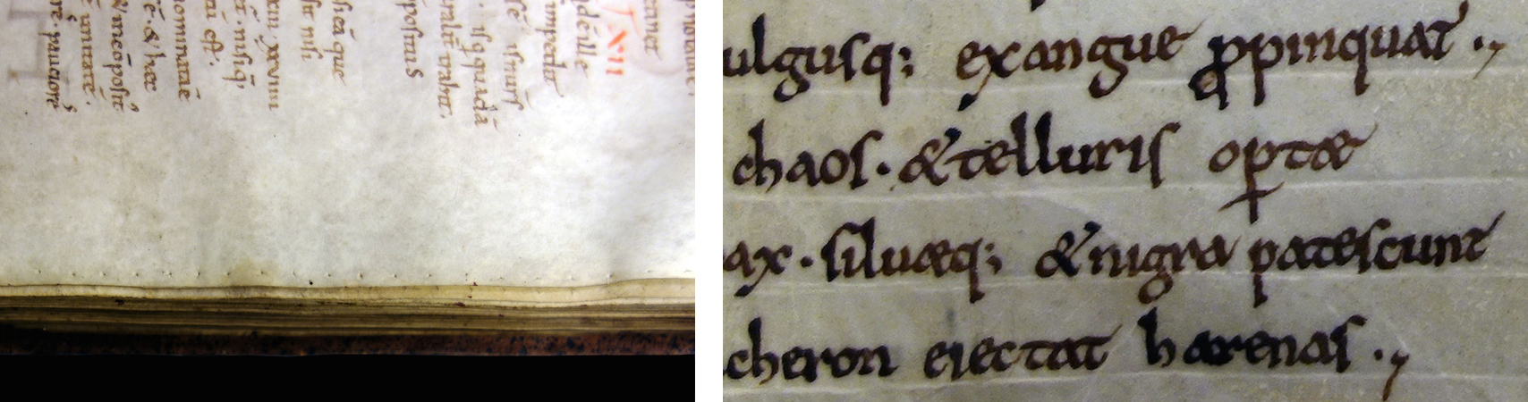 Left: Prickings at the parchment edge used to create a ruled page. Boethius, De institutione arithmetica, c. 1100 (Royal Library, The Hague, MS 78 E 59); right: Blind rules created with a hard point (detail), Statius, Thebais, c. 1100 (Royal Library, The Hague, MS 128 A 38)