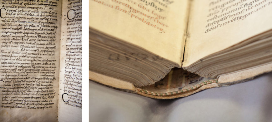 Left: detail of manuscript bifolia, 11th century (Leiden, University Library, VLQ MS 1; photo: Giulio Menna); right: detail of quires bound together, Irenaeus of Lyons, 1300–1350 (Leiden, University Library, MS VLF 33; photo: Giulio Menna)