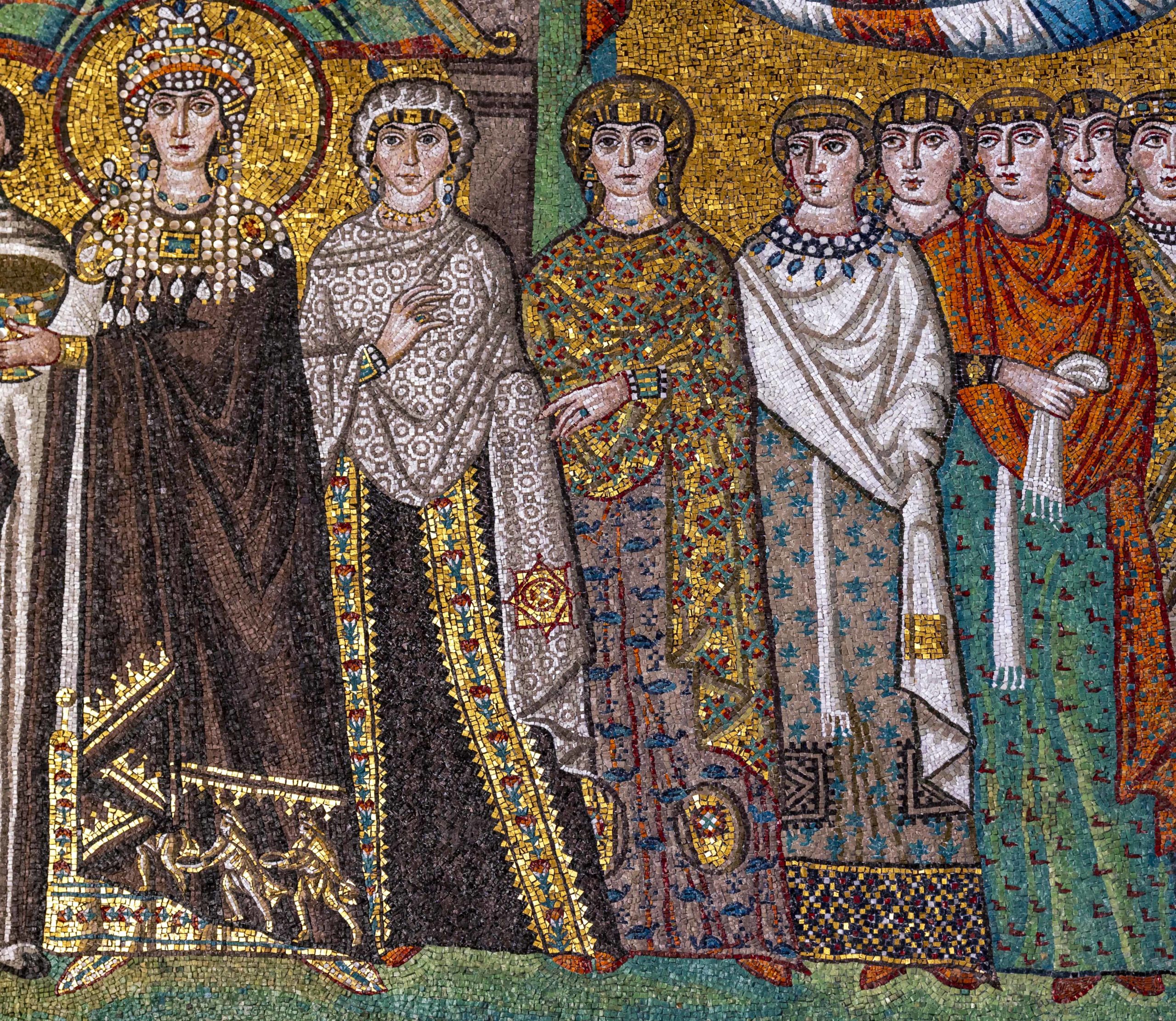 Detail of the wall mosaic depicting the attendants of empress Theodora’s wearing luxury silk garments of diverse designs, 540s, San Vitale, Ravenna (photo: Seven Zucker, CC BY-NC-SA 2.0)