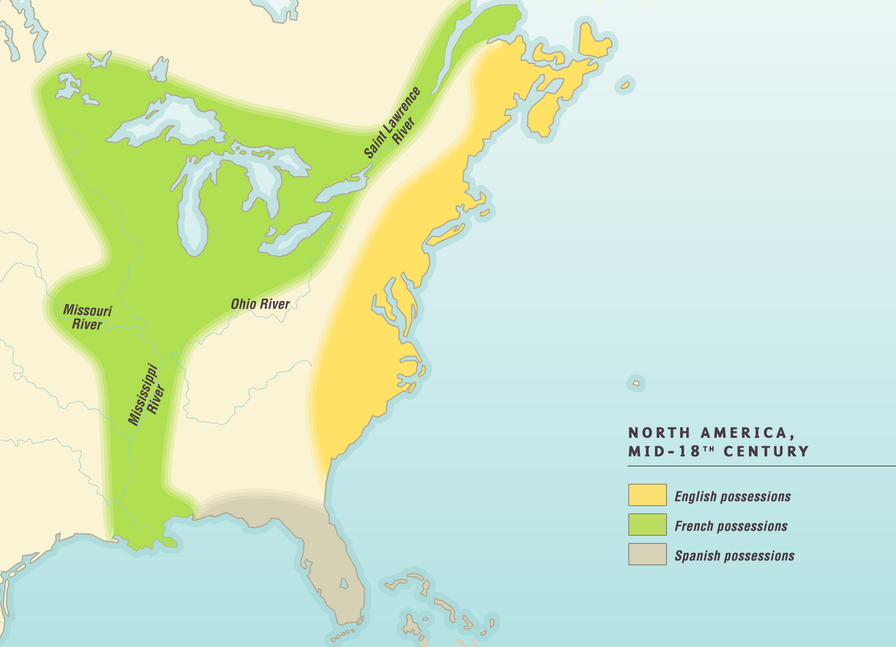 Map of part of North America in the mid-18th century showing English, French, and Spanish possessions (courtesy The Map as History)