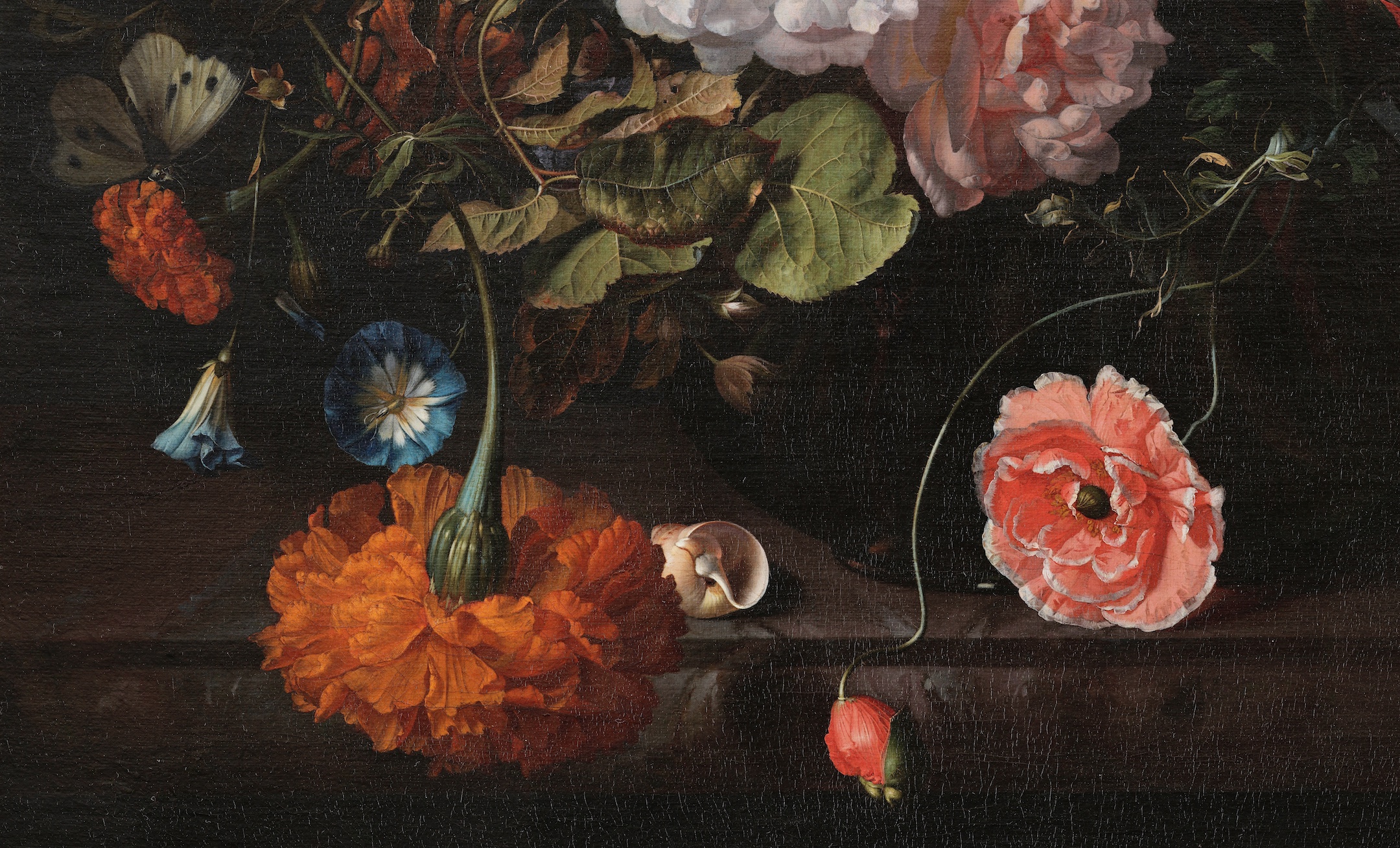 A drooping marigold and other flowers spilling out of the vase (detail), Rachel Ruysch, Flower Still Life, c. 1726, oil on canvas, 75.6 x 60.6 cm (Toledo Museum of Art, Ohio)