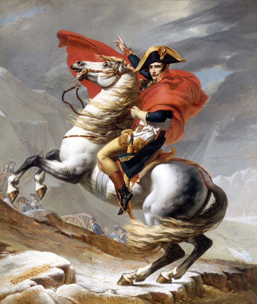Jacques-Louis David, Napoleon Crossing the Alps or Bonaparte at the St Bernard Pass, 1802, oil on canvas, 273 x 234 cm (in the Hôtel des Invalides 1802–16; since 1834 in the Palace of Versailles, France)