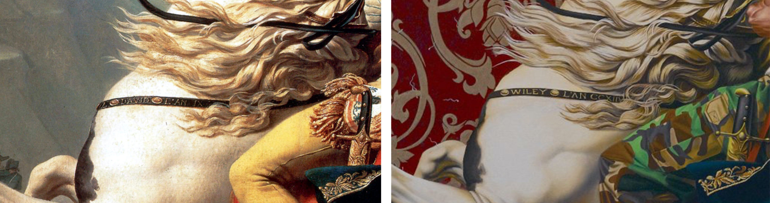 Left: Detail of David’s signature on the horse’s breastplate, Jacques-Louis David, Napoleon Crossing the Alps or Bonaparte at the St Bernard Pass, 1800–01 version, oil on canvas, 261 × 221 cm (Chateau de Malmaison, Rueil-Malmaison); right: Detail of Wiley’s signature on the horse’s breastplate, Kehinde Wiley, Napoleon Leading the Army over the Alps, 2005, oil on canvas, 274.3 x 274.3 cm (Brooklyn Museum of Art, New York) © Kehinde Wiley