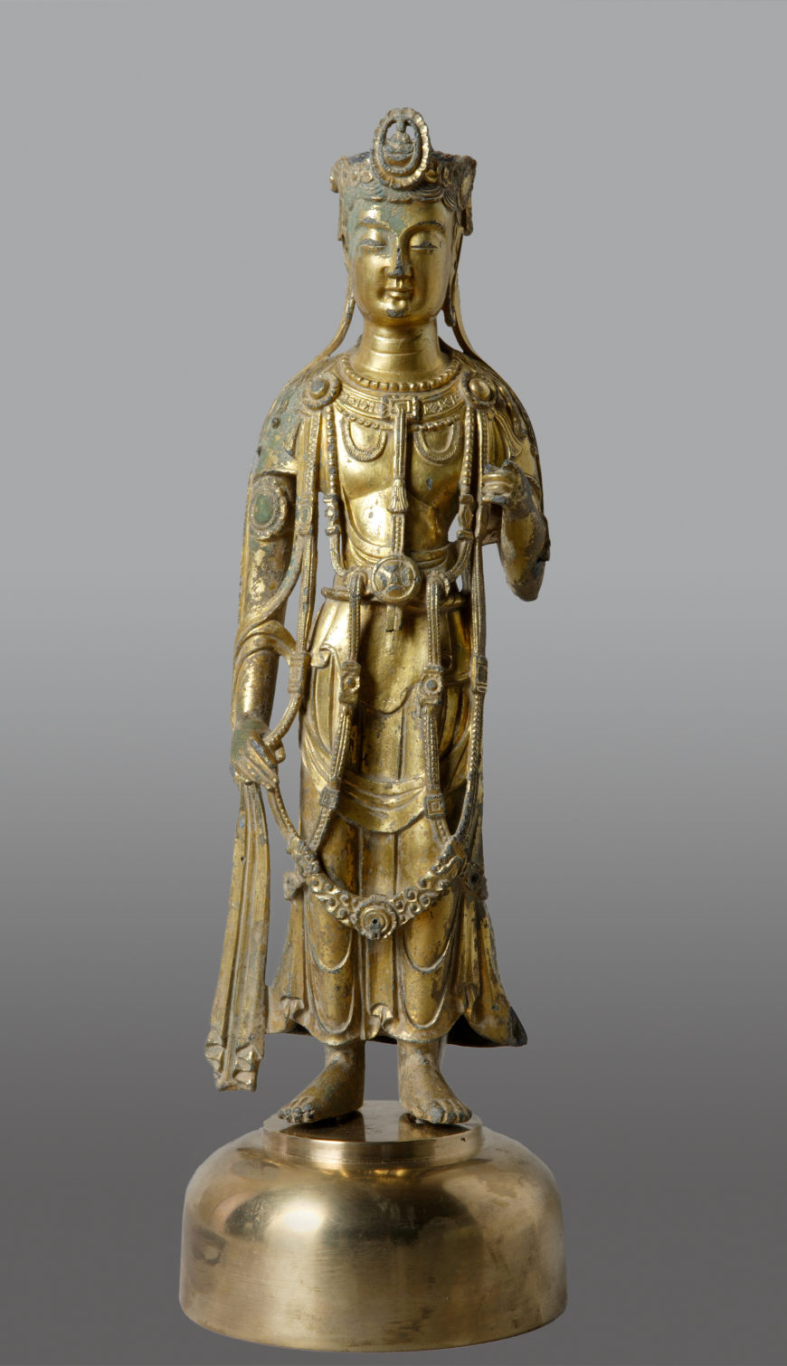 Gilt-bronze Standing Bodhisattva, Three Kingdoms period, 34 cm high, Seonsan-eup, Gumi, National Treasure 184 (National Museum of Korea)