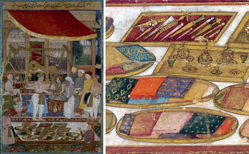 Jahangir weighing Prince Khurram against gold and silver, Commemorating an event of 31 July 1607 for Khurram’s 15th birthday, c. 1615, India, Mughal, image: 30 x 19.6 cm (British Museum)