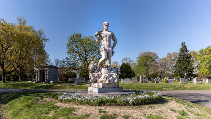 Frederick MacMonnies (sculptor), Thomas Hastings (architect), and Piccirilli Brothers (carvers), Civic Virtue Triumphant Over Unrighteousness, 1919, marble, more than 17 feet high (Originally City Hall Park, Manhattan, then Queens Borough Hall, now Green-Wood Cemetery, Brooklyn but without fountain basins; photo: Steven Zucker, CC BY-NC-SA 2.0)