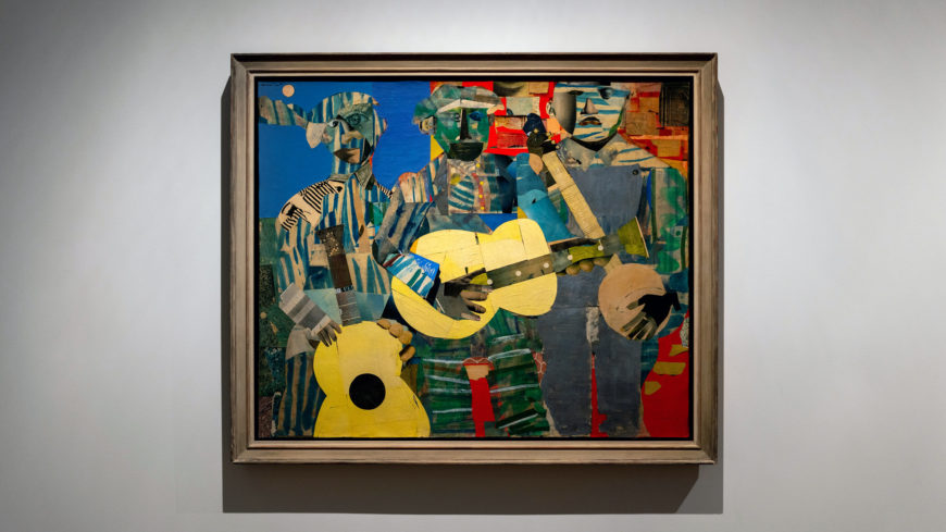 Romare Bearden, Three Folk Musicians, 1967, collage of various papers with paint and graphite on canvas, 50 x 60 x 1 ½ inches (Virginia Museum of Fine Arts)