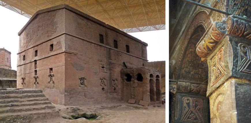 Left: exterior, Bete Maryam, Lalibela, Ethiopia, 12th-13th century (photo: Bernard Gagnon, CC BY-SA 3.0); right: interior, Bete Maryam, Lalibela, Ethiopia, 13th century (photo: A. Davey, CC BY 2.0)