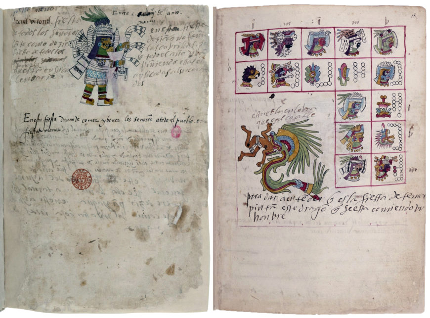 Folios 1r and Quetzalcoatl (18r), Codex Telleriano-Remensis, 16th century, 21 x 30 cm (Mexicain 385, Bibliothèque nationale de France)