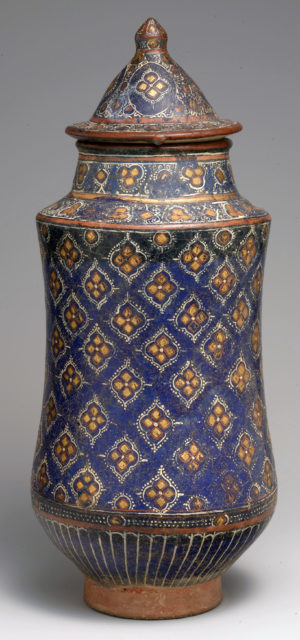 Covered Jar (Albarello), second half 13th–14th century, stonepaste; overglaze painted and leaf gilded (lajvardina), attributed to Iran, 37.5 cm high (The Metropolitan Museum of Art)
