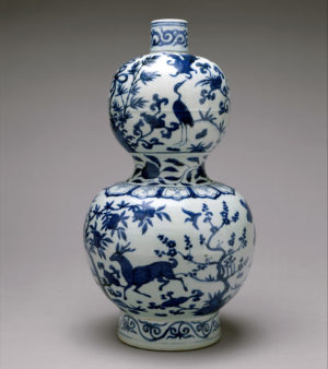 Gourd-Shaped Bottle with Deer and Crane in Landscape, mid-16th century, Ming dynasty, porcelain painted in cobalt blue under clear glaze (Jingdezhen ware), China, H. 18 in. (45.7 cm); Diam. 9 3/4 in. (24.8 cm) (The Metropolitan Museum of Art)