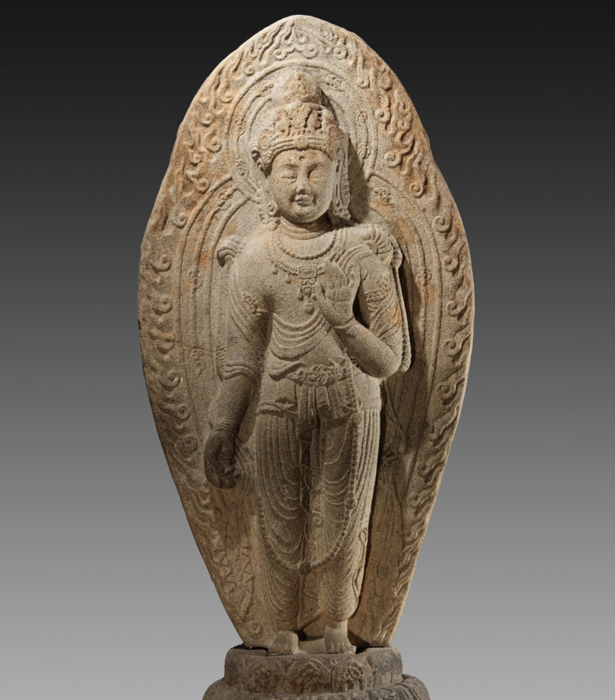 Maitreya Bodhisattva from Gamsansa Temple, 719 (Unified Silla Kingdom), granite, Gyeongju, 270 cm high, National Treasure 81 (National Museum of Korea)