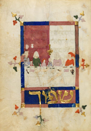 Family at Passover Seder, Prato Haggadah, c. 1300, Barcelona (Jewish Theological Seminary)