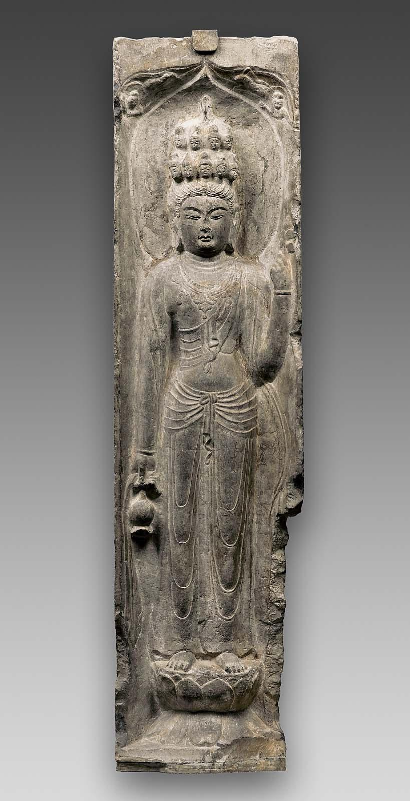 Eleven-headed bodhisattva, 7th century C.E. (Tang dynasty), limestone, attributed to Baoqingsi Temple in Xian, China, 117.7 x 27.9 cm (Museum of Fine Arts, Boston)
