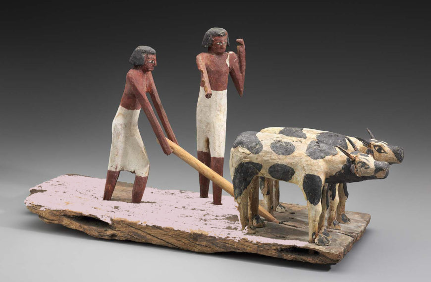 Model scene of workers ploughing a field, Middle Kingdom, late Dynasty 11, 2010–1961 B.C.E., painted wood, 54 cm (MFA Boston)