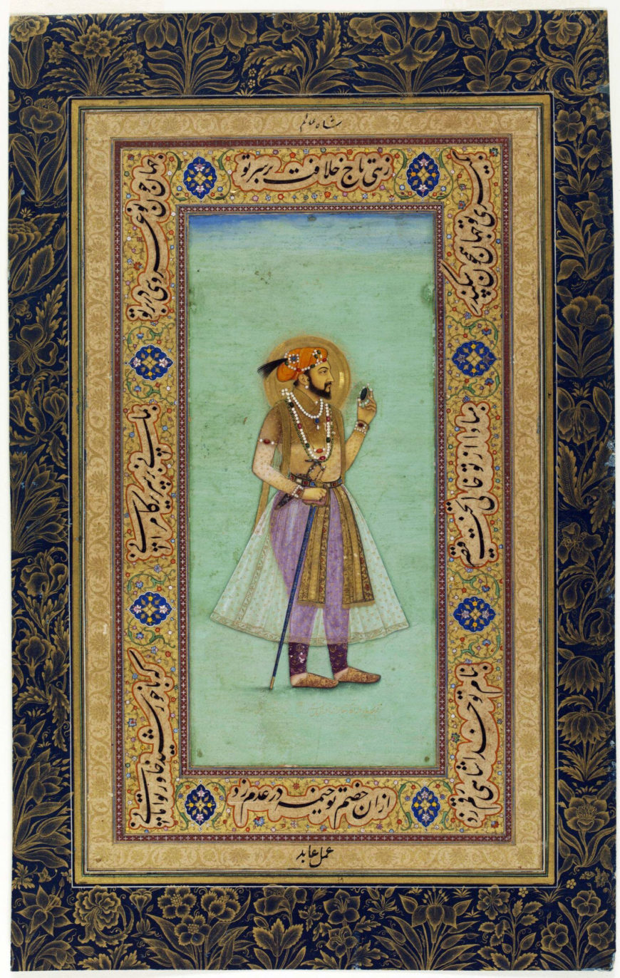 Muhammad Abed, Shah Jahan holding an emerald, 1628 (dated regnal year 1; India), 21.4 x 9.5 cm (Victoria & Albert Museum, London)