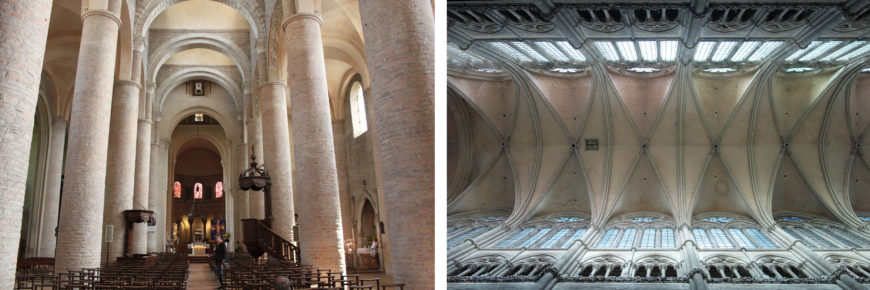 Left: Nave, Tournus Cathedral, 11th century (photo: Christophe.Finot, CC BY-SA 3.0); right: Amiens Cathedral, groin vaults. Robert de Luzarches, Thomas de Cormont, and Renaud de Cormont, Amiens Cathedral, begun 1220, Amiens, France (photo: Steven Zucker, CC BY-NC-SA 2.0)
