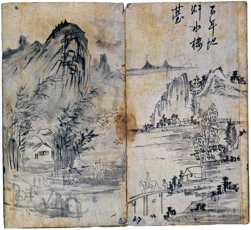 Kang Sehwang, landscape painting on the mounted back of Rules of Calligraphy, Volume 10, 1737, ink on paper, 13.8 x 24.9 cm (private collection; photo: Korea Data Agency)