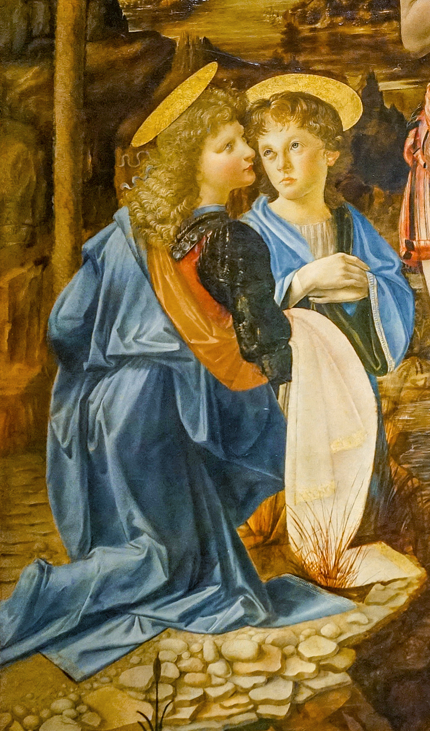 Detail, Andrea del Verrocchio (with Leonardo), Baptism of Christ, 1470–75, oil and tempera on panel, 180 x 152 cm (Galleria degli Uffizi, Florence; photo: Steven Zucker, CC BY-NC-SA 2.0)