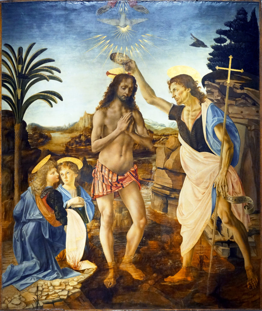 Andrea del Verrocchio (with Leonardo), Baptism of Christ, 1470–75, oil and tempera on panel, 180 x 152 cm (Galleria degli Uffizi, Florence; photo: Steven Zucker, CC BY-NC-SA 2.0)