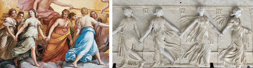 Left: Apollo in his chariot surrounded by female figures, The Hours (detail), Guido Reni, Aurora, 1613–14, ceiling fresco (Casino dell'Aurora, Rome); right: Borghese Dancers, c. 2nd–3rd centuries, marble, 72 x 188 cm (Louvre)