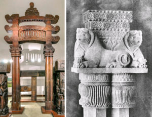 Left: Reconstruction of the eastern gateway (takarna) from the Bharhut Stupa, Mayadh Pradesh, c. 100–75 B.C.E., Sunga period, sandstone (Indian Museum, Kolkata; photo: Biswarup Ganguly, CC BY 3.0); right: Joseph David Beglar, Close view of lion capital of right pillar of East Gate of the Stupa of Bharhut, 1874, photograph (British Library)