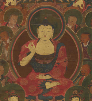 Buddha Maitreya, shown with a cintamani and ushnisha. Four Preaching Buddhas (detail), 1562, ink and colors on silk, overall: 90.5 × 74.0 cm, painting only: 77.8 × 52.2 cm, Treasure 1326 (National Museum of Korea)