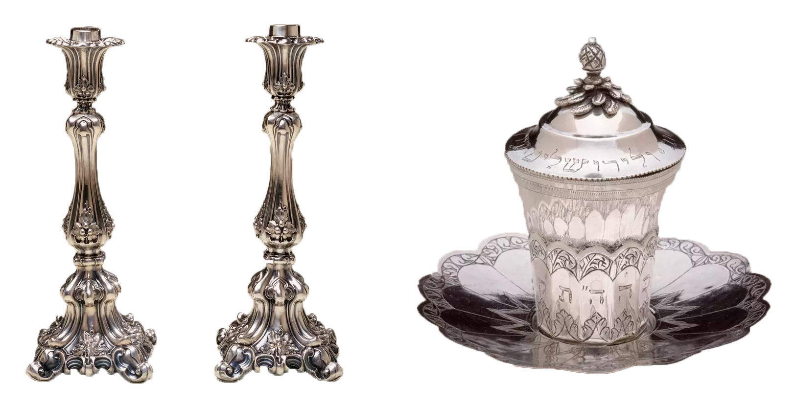 Left: Candlesticks, Germany, c. 1866, silver, 35.9 × 13.7 × 13.7 cm (Jewish Museum); right: Kiddush cup and saucer, Ottoman Empire, 1803, silver, 8.3 x 7.4 x 7.4 cm (Jewish Museum)