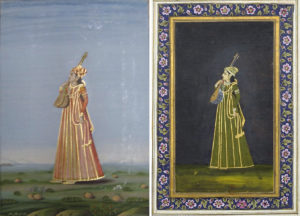 Left: Mihr Chand, Female Musician with a Tambura, Faizabad, ca. 1765-73. Opaque watercolor on paper, DIMENSIONS. Museum of Islamic Art, Berlin; right: Female Musician with a Tambura, Mughal, late 17th century. Opaque watercolor on paper, height: 42 cm. Bibliothèque Nationale de France, Paris, Res. OD-43, fol. 6r
