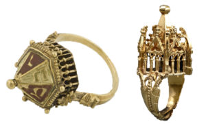 Left: Jewish ceremonial wedding ring from the Colmar Treasure, ca. 1300, before 1348, made in Italy (?), gold and enamel, 3.5 x 2.3 cm (Musée de Cluny); right: Jewish wedding ring, first half 14th century, Germany, gold, 4.8 x 2.5 x 2.5 cm (Thüringisches Landesamt für Denkmalpflege und Archäologie, Weimar)
