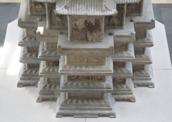 The shape of the platform and lower three stories of the pagoda show the influence of Tibetan-Mongolian Buddhism, while the upper seven stories are rectangular, following the traditional shape of Korean stone pagodas. Platform (detail), Ten-story Stone Pagoda of Gyeongcheonsa Temple, 1348, Goryeo Dynasty, marble, 1350 cm high (National Museum of Korea)