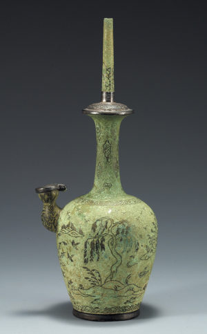  Kundika bottles were used by Buddhist monks to store clean water for rituals and daily use. This kundika has a lovely green patina from the oxidation of the bronze. Kundika with Landscape Design, 12th century, Goryeo, 37.5 cm high, National Treasure 92 (National Museum of Korea)
