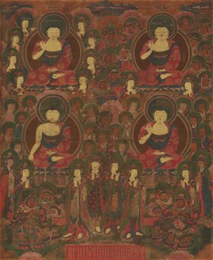 Four Preaching Buddhas, 1562, Ink and colors on silk, (Overall): 90.5 × 74.0cm, (Painting only) 77.8 × 52.2cm, Treasure 1326 (National Museum of Korea)