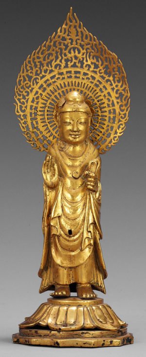 Gold Buddha from Stone Pagoda in Guhwang-dong, Gyeongju, c. 692, Unified Silla Kingdom, Height: 14.0 cm, National Treasure 80 (National Museum of Korea)