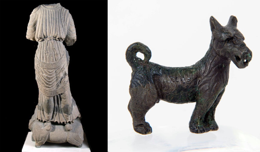 Left: Juno standing on a heifer, 2nd–3rd century, sandstone, from Chesters Fort, England; right: figurine of a "Scottie dog," 2nd–3rd century, copper alloy, found at Chesters, either the south wall or one of the four interval towers