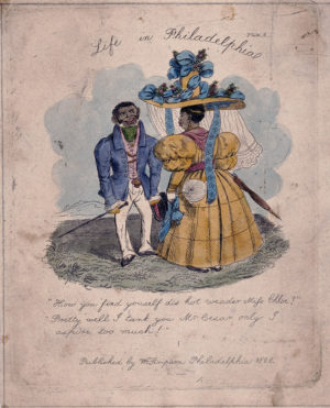 E.W. Clay, etching of an African American woman, wearing a very large hat, talking with a man in the street during very hot weather, from Life in Philadelphia (Philadelphia: W. Simpson, 1828), Plate 4 (Library of Congress)