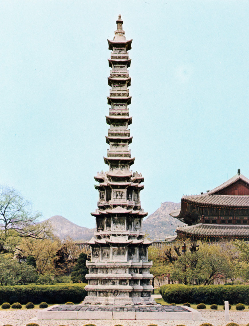 Ten-story Stone Pagoda of Gyeongcheonsa Temple at Gyeongbokgung Palace. Ten-story Stone Pagoda of Gyeongcheonsa Temple, 1348, Goryeo Dynasty, stone, 1350 cm high (National Museum of Korea)