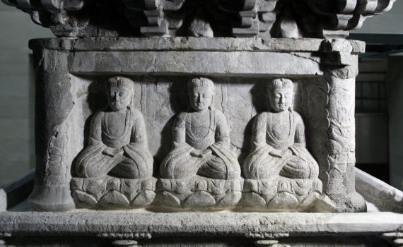 Scene from Buddha's Assembly (detail), Ten-story Stone Pagoda of Gyeongcheonsa Temple, 1348, Goryeo Dynasty, marble, 1350 cm high (National Museum of Korea)