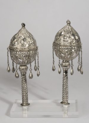 Torah finials (rimonim), Iraqi Kurdistan, ca. 1863, silver, 25.5 cm (Israel Museum)