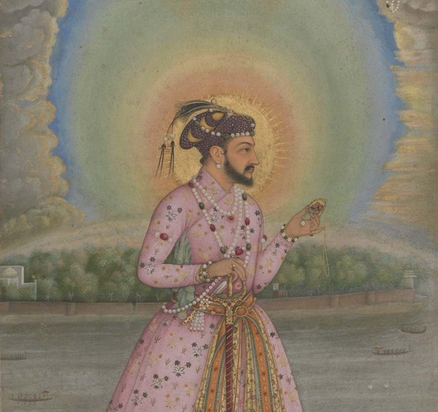 Chitarman , Shah Jahan on a Terrace, Folio from the Shah Jahan Album, 1627–28, Mughal, ink, opaque watercolor, and gold on paper, attributed to India, 38.9 x 25.7 cm (The Metropolitan Museum of Art)