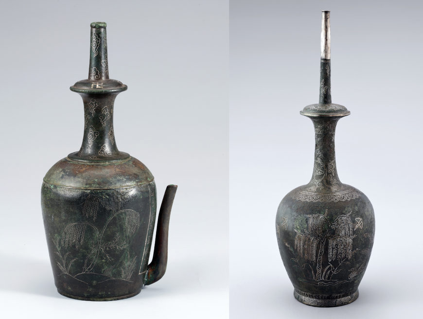 Left: Bronze Kundika with Silver Inlay and Designs Depicting Waterside Scenery, Goryeo, metal, 7.6 cm high (National Museum of Korea); right: Bronze Kundika with Silver Inlaid Landscape Design, Goryeo, metal, 34.8 cm high (National Museum of Korea)