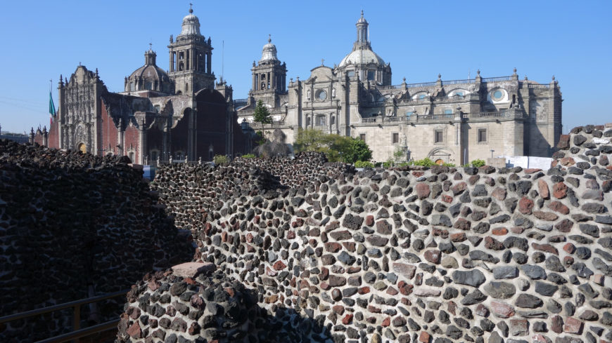 Ruins of the Templo Mayor with a view of Metropolitan Cathedral of the Assumption of the Most Blessed Virgin Mary into Heaven, built 1573–1813, Mexico City (photo: Steven Zucker, CC BY-NC-SA 2.0)