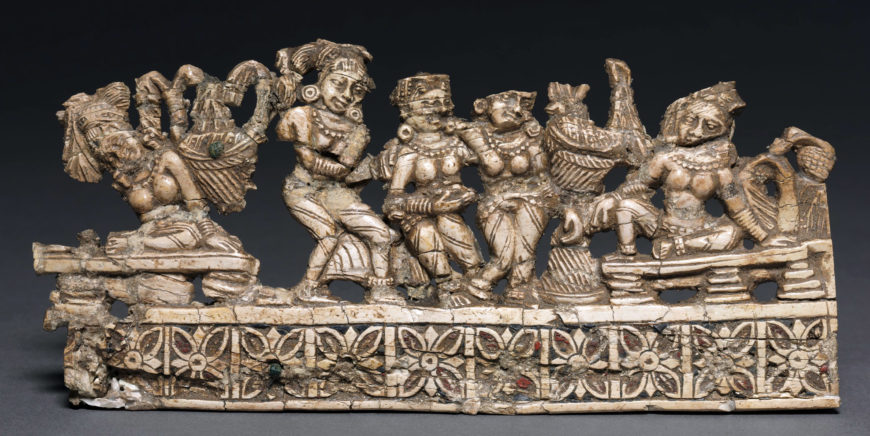 Ladies Entertained by Dancers, c. 1–320 C.E., ivory, found in a deposit of goods at the site of Begram, 7.5 x 17 cm (The Cleveland Museum of Art)