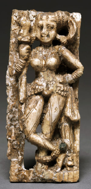 Young Woman with a Spear c. 50–200 C.E., ivory, found in a deposit of goods at the site of Begram, 9 x 4 x 1.7 cm (The Cleveland Museum of Art)