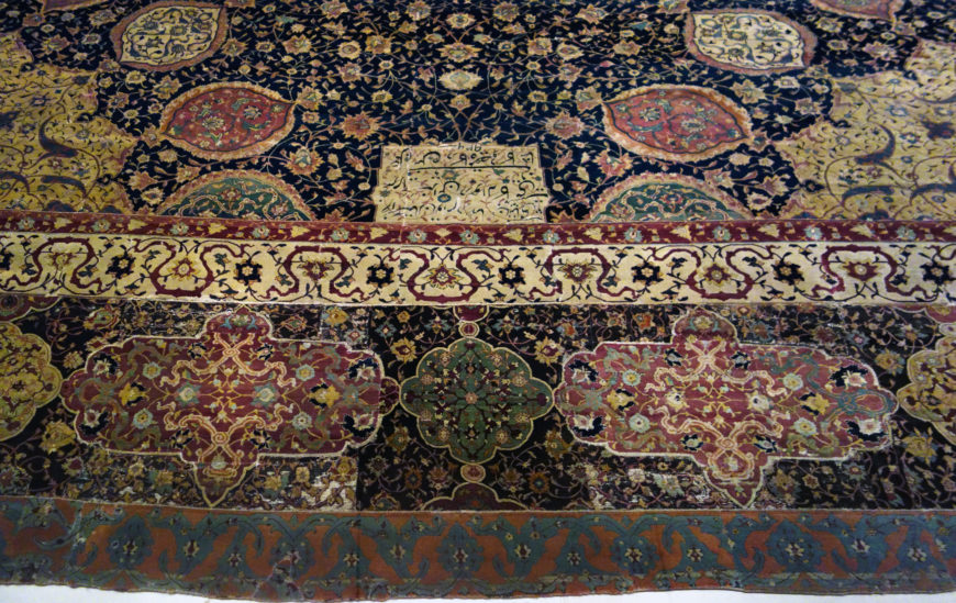 Detail, Medallion Carpet, The Ardabil Carpet, unknown artist (Maqsud Kashani is named on the carpet’s inscription), Persian (Safavid Dynasty), wool pile on silk foundation, 1539–40, Iran (Victoria & Albert, London; photo: Steven Zucker, CC BY-NC-SA 2.0)
