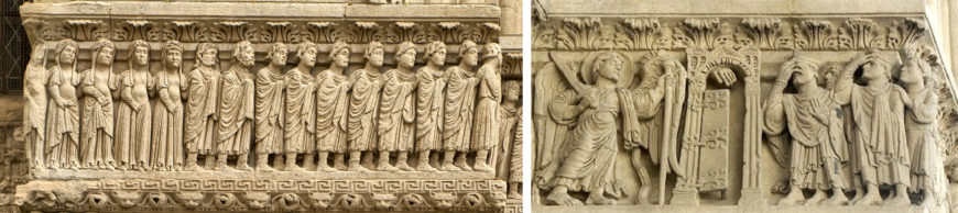 Left: The Elect (blessed), Saint Trophime, Arles, 12th–15th century (Photo: Rolf Kranz, CC BY-SA 4.0); right: Angel and Damned at the Gates of Heaven, Saint Trophime, Arles, 12th–15th century (photo: Christine M. Bolli)