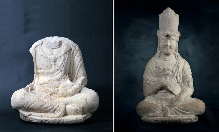 The two bodhisattva statues found at Hansongsa Temple. Left: seated bodhisattva from the site of Hansongsa Temple, Gangneung, 10th century (Goryeo Dynasty), white marble, 56 cm high, Treasure 81 (Ojukheon & Municipal Museum; photo: Cultural Heritage Administration of the Republic of Korea); right: seated bodhisattva from the site of Hansongsa Temple, Gangneung, 10th century (Goryeo Dynasty), white marble, 92.4 cm high, National Treasure 124 (Chuncheon National Museum; photo: Cultural Heritage Administration of the Republic of Korea)