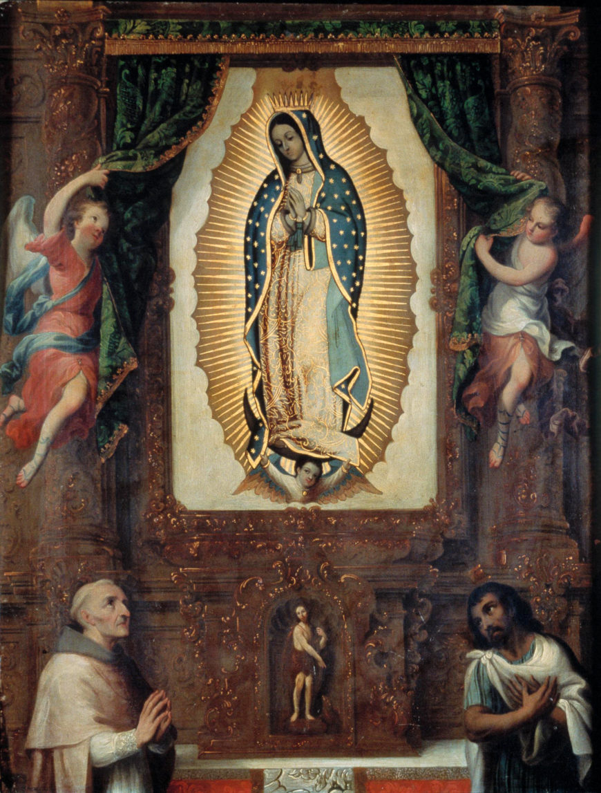 Miguel Cabrera, Altarpiece of the Virgin of Guadalupe with Saint John the Baptist, Fray Juan de Zumárraga and Juan Diego, oil on copper, 44 x 56 cm (Museo Nacional de Arte, INBA)