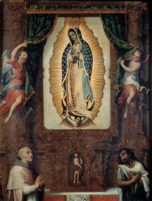 Miguel Cabrera, Altarpiece of the Virgin of Guadalupe with Saint John the Baptist, Fray Juan de Zumárraga and Juan Diego, 18th century, oil on copper (Museo Nacional de Arte, Mexico City)